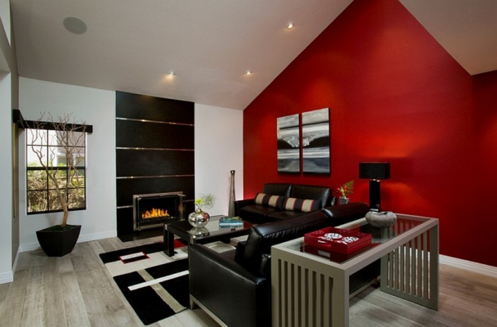 Bright-Red-Wall-Color-for-Man’s-Living-Room-Decorating-Ideas-with-Black-Leather-Sofa-Set