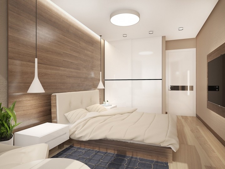 Simple-Zen-Bedroom-Design-Inspiration-with-White-Fabric-Bed-Cover-and-White-Wood-Bedside-Tables-also-White-Hanging-Lamps-plus-Brown-Laminate-Flooring