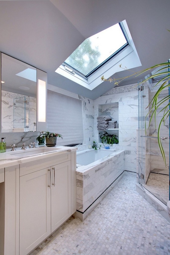 awesome-skylight-design-for-bathroom-feat-sleek-vanity-furniture-and-alcove-bathtub-also-vertical-wall-niche-towel-shelf-728x1092