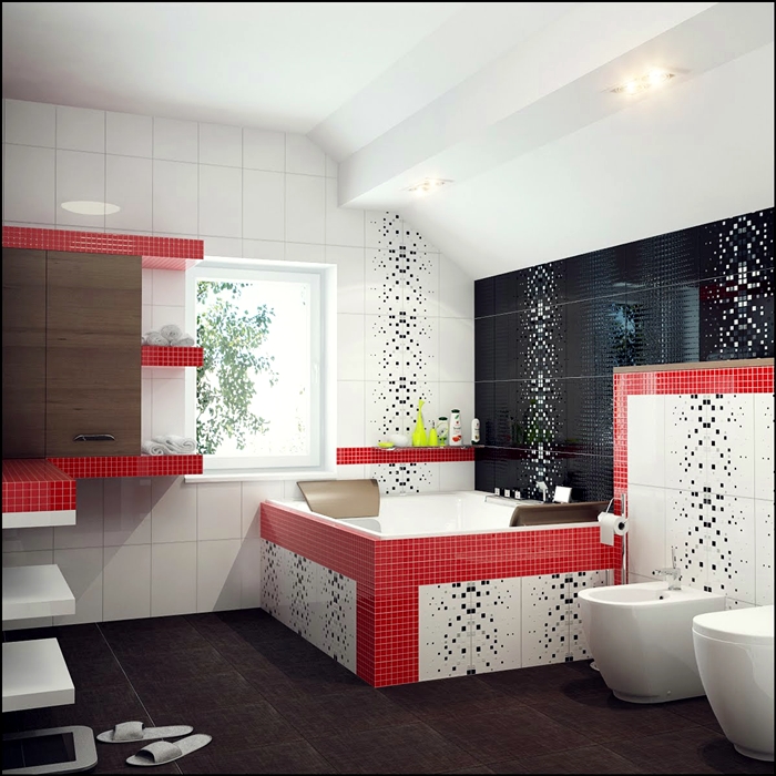 black-and-white-modern-small-bathroom-jet-tub-red-accent