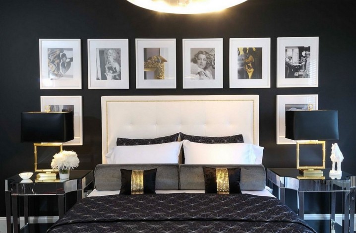 black-bedroom-design-with-white-headboard-bed-surrounded-by-gorgeous-black-and-white-framed-photos-and-fabulous-tuch-of-gold-on-the-pillow-and-table-lamp-1024x671