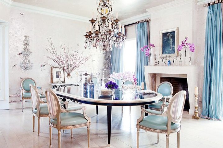 blue curtains and chairs in dining room