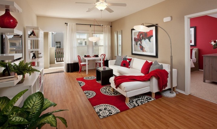 red, black and white living room