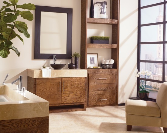 modern-bathrooms-with-vessel-sinks-with-wooden-shelving-with-drawers-brown-sofa-plant-pot