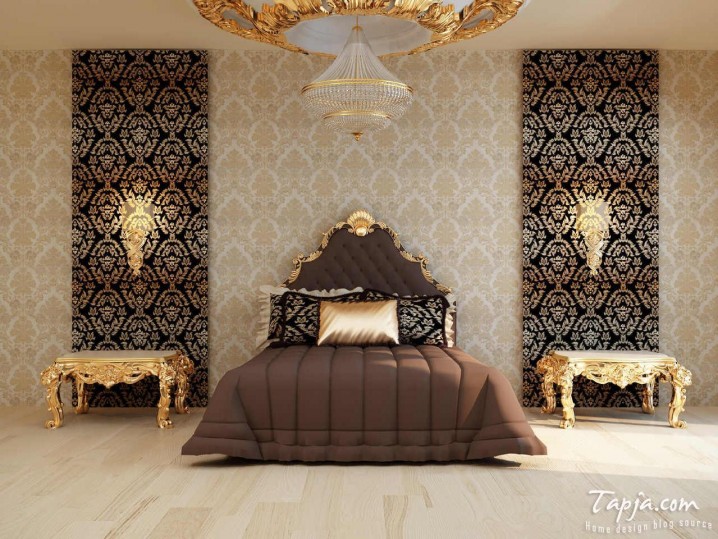 modern-bedroom-decoration-with-gold-color-accent-and-brown-color-combination-bedding-plus-decorative-gold-wallpaper-two-shades-plus-luxury-hanging-pendant-light