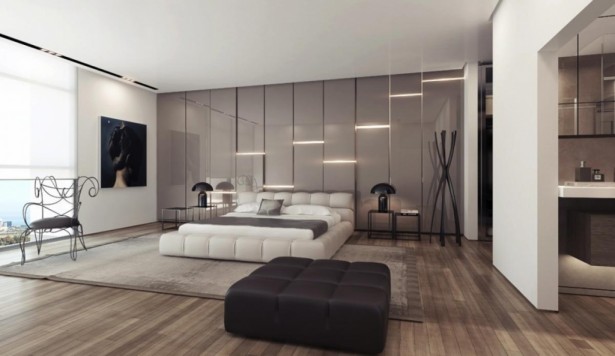 modern-gray-gloss-wall-lighting-panels-for-modern-bedroom-design-ideas-and-wooden-floor-with-nightstands-also-grey-rugs-design-ideas-615x356