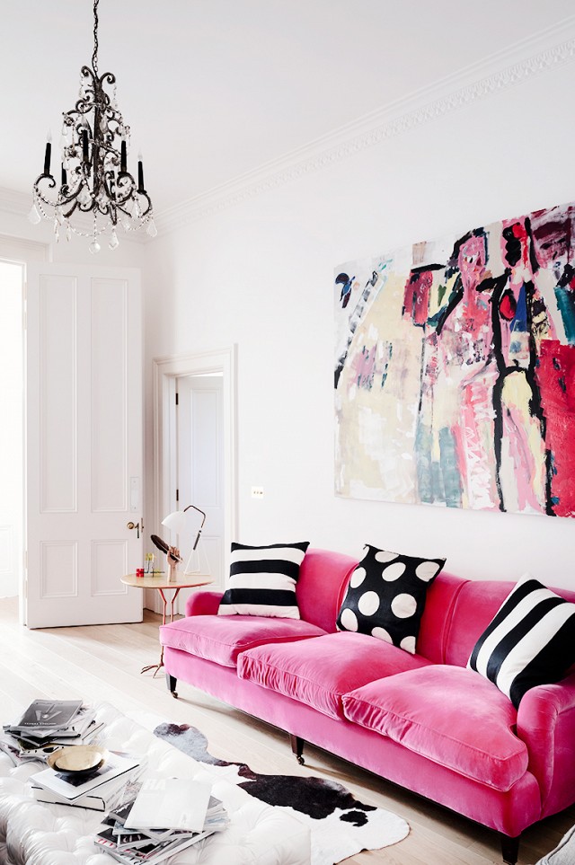 pink sofa and graphic pillows