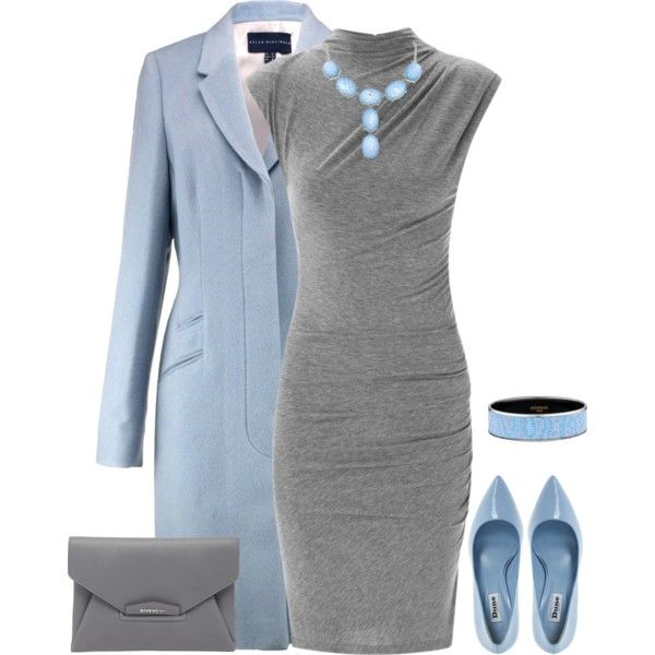 serenity blue coat and heels, grey dress