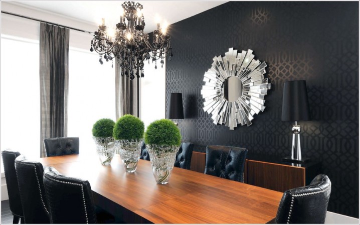 Artistic-Mirror-Design-for-Elegant-Dining-Room-Decoration-with-Classic-Black-Chandeliers-and-Black-Curtain-Using-Black-Wall-Paint-Ideas