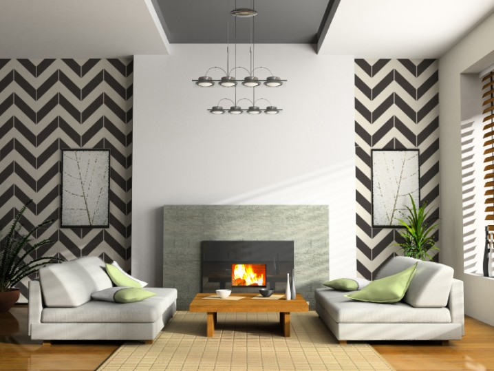 Home interior with fireplace and sofas 3D rendering