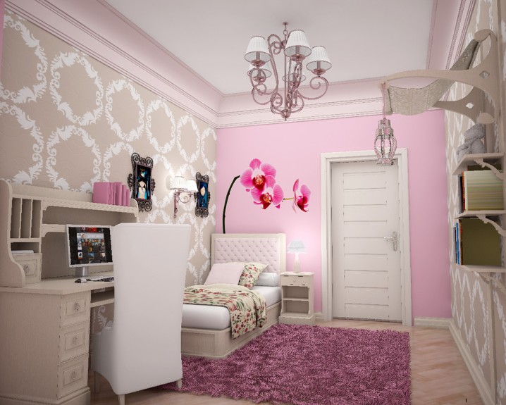 Lovely-Pink-and-Beige-Wall-Decal-French-Style-Teen-Girls-Bedroom-with-Tufted-Headboard-Space-Saving-Bed-and-Creamy-Paint-Study-Desk-and-White-Upholstered-Chair