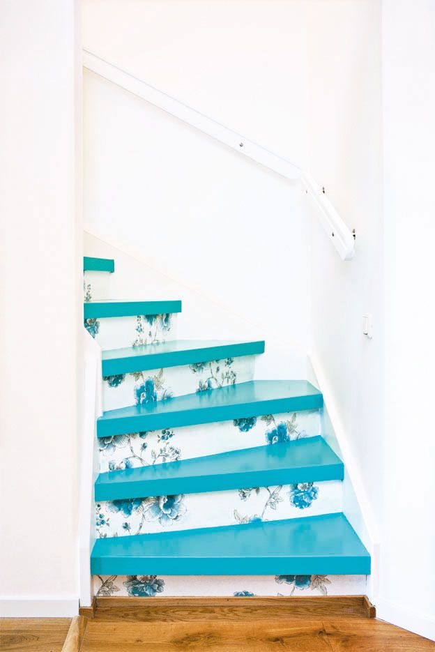 blue and white staircase decor