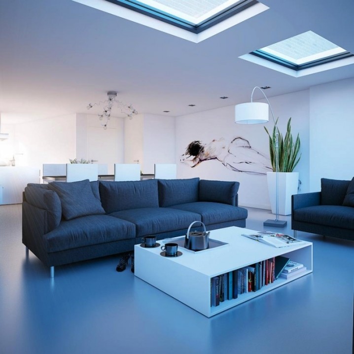 contemporary-dining-room-and-living-room-with-arch-lamp-and-dark-blue-sofa-under-skylights-800x800