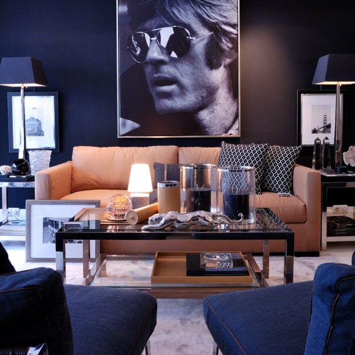 living room with oversized wall portrait