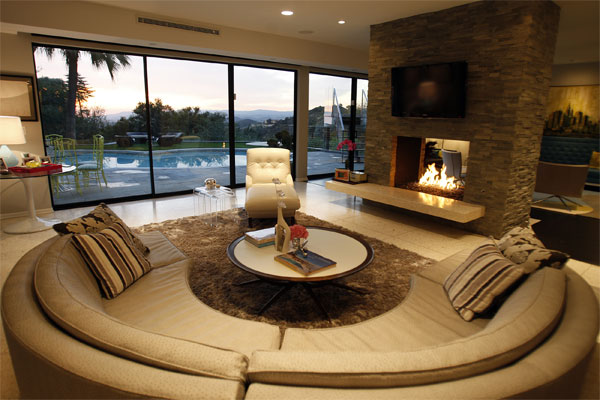 living room with round sofa