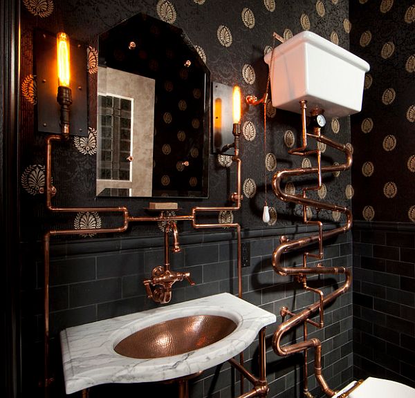 Amazing Powder Room Bronze Pipe Steampunk Interior Design Ideas