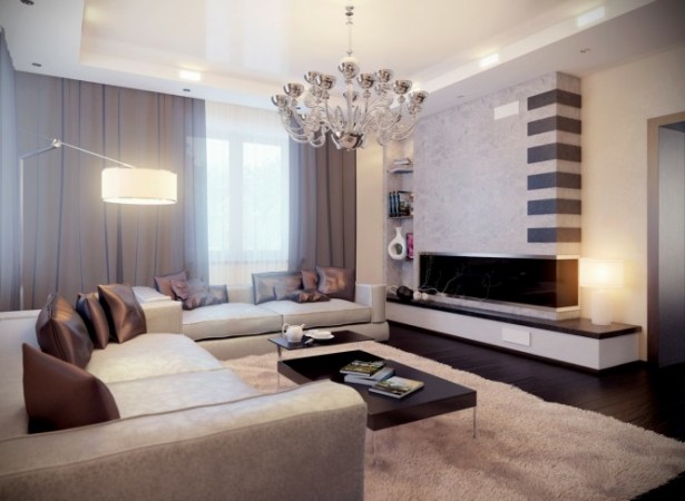 neutral-living-room-with-cream-sofa-chandelier-arc-lamp-white-rug-brown-cushion-and-black-coffee-table-615x450