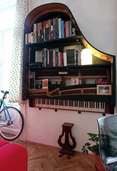 old piano as a bookshelf