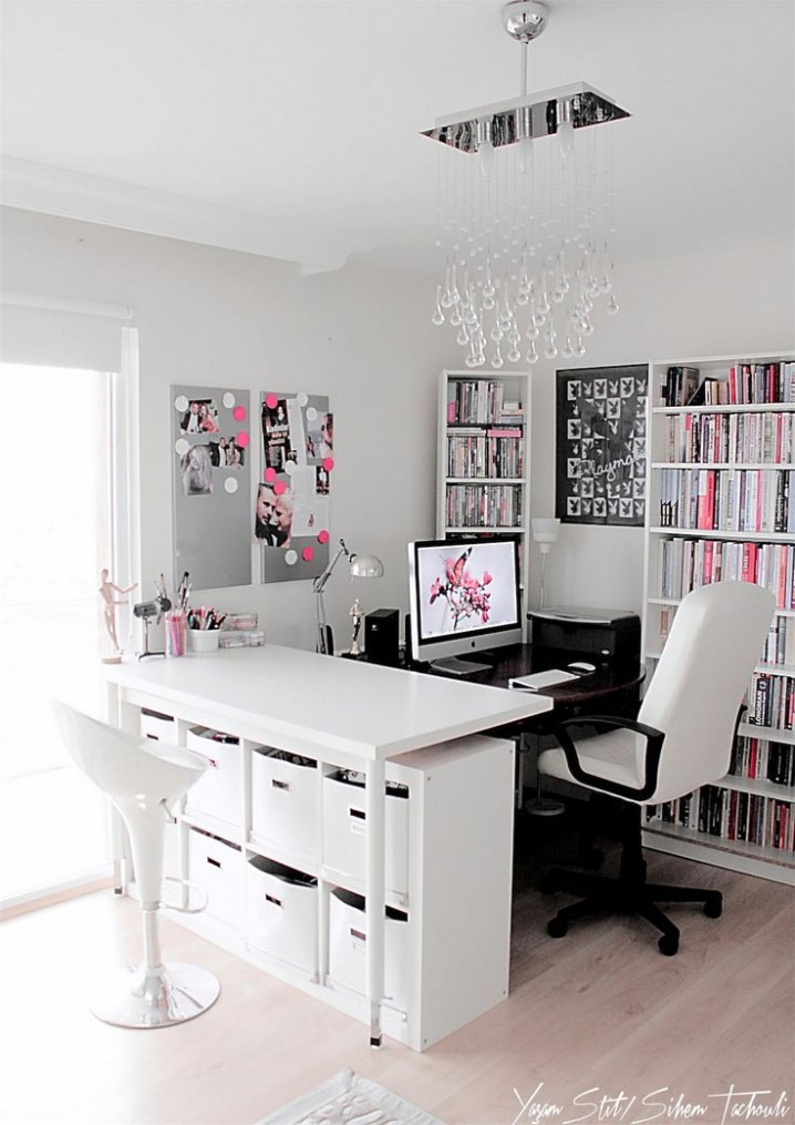 Light-grey-and-white-home-office-with-black-and-pink-accents-and-buble-glass-chandelier
