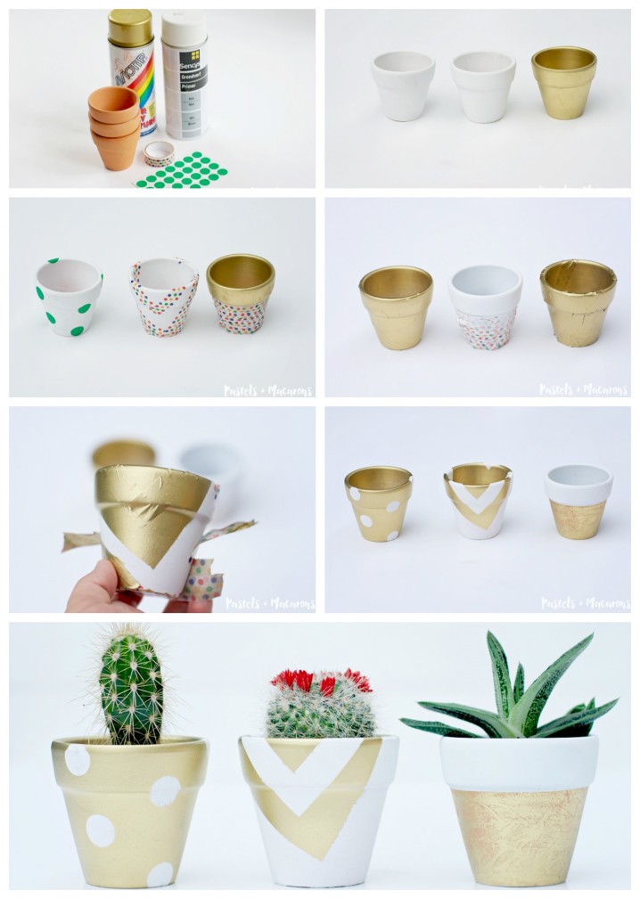 white and gold painted pots