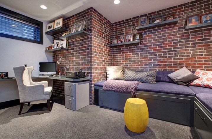 Astounding-Basement-Office-Design-Decorated-with-brick-wall-style-and-many-ornament-stuff-put-in-wall-mounted-shelf-800x526