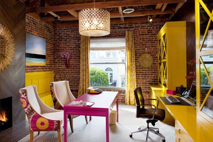 Tineke Triggs_office_workstation_brick clad walls_industrial chic_yellow_hot pink fuchsia via desire (1)