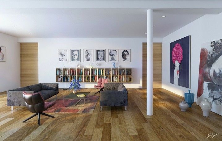 amazing-white-wall-design-interiors-with-artwork-decor-plus-parquet-flooring-and-tube-pillar-as-well-as-modern-black-sofa-also-large-bookshelves