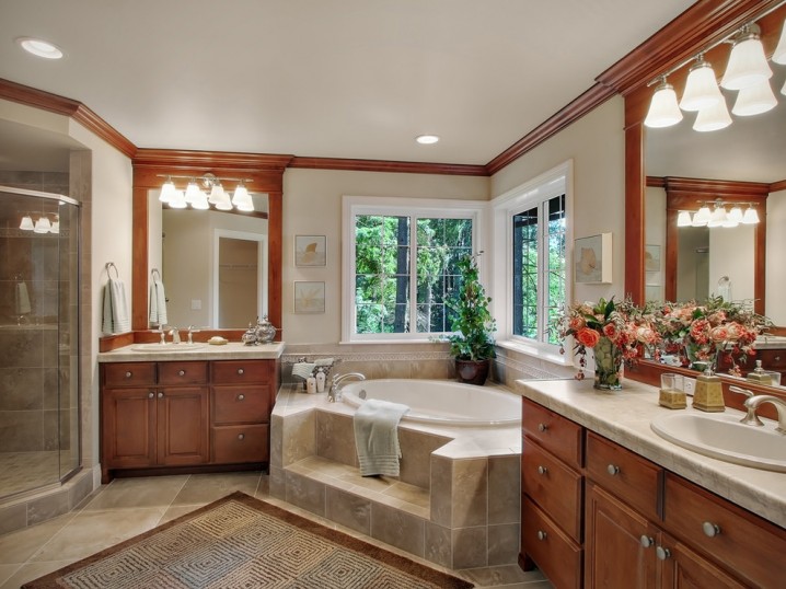 white-windows-with-wood-trim-Bathroom-Traditional-with-bathroom-corner-tub-corner