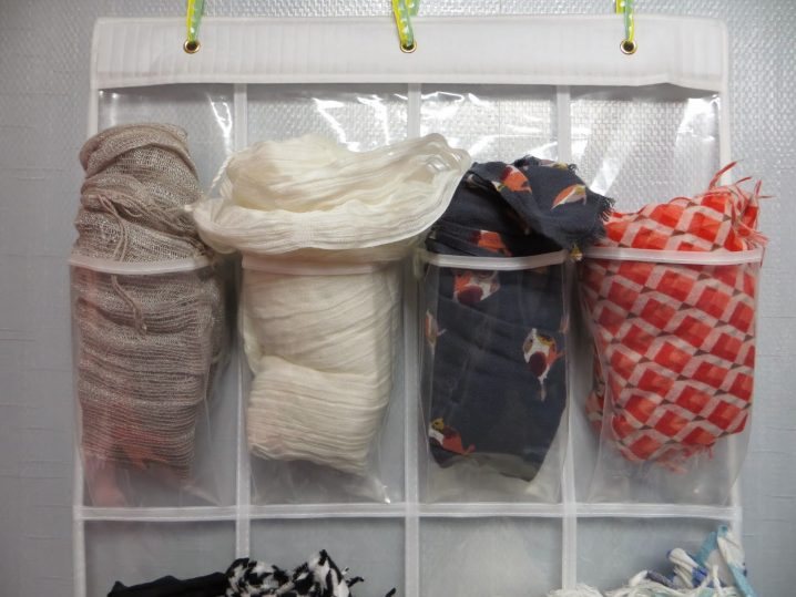 organize scarves in shoe organizer