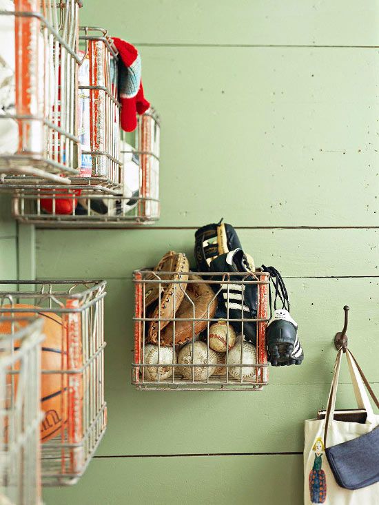 Repurposed-Storage-Metal-Baskets-Hung-on-the-Wall-For-Sports-Equipment-Genius
