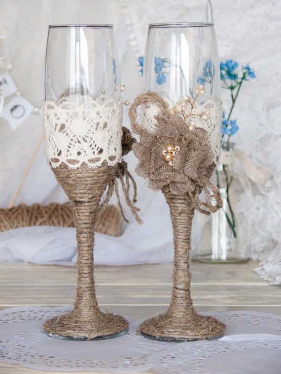rustic chic diy burlap flowers rope and lace decored wedding glasses - pearl wedding ideas-f21539