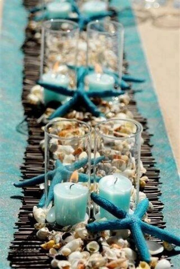 Beautiful-table-runners-beach-sea-turquoise-sea-shells-starfish-candles