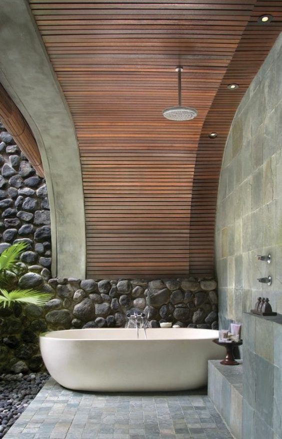 outdoor shower and bathtub