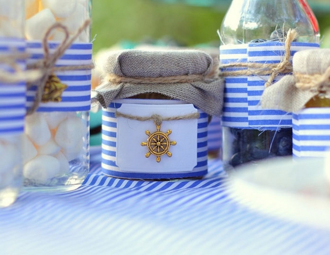 table-setting-beach-themed-party-blue-white-striped-tablecloth-jars