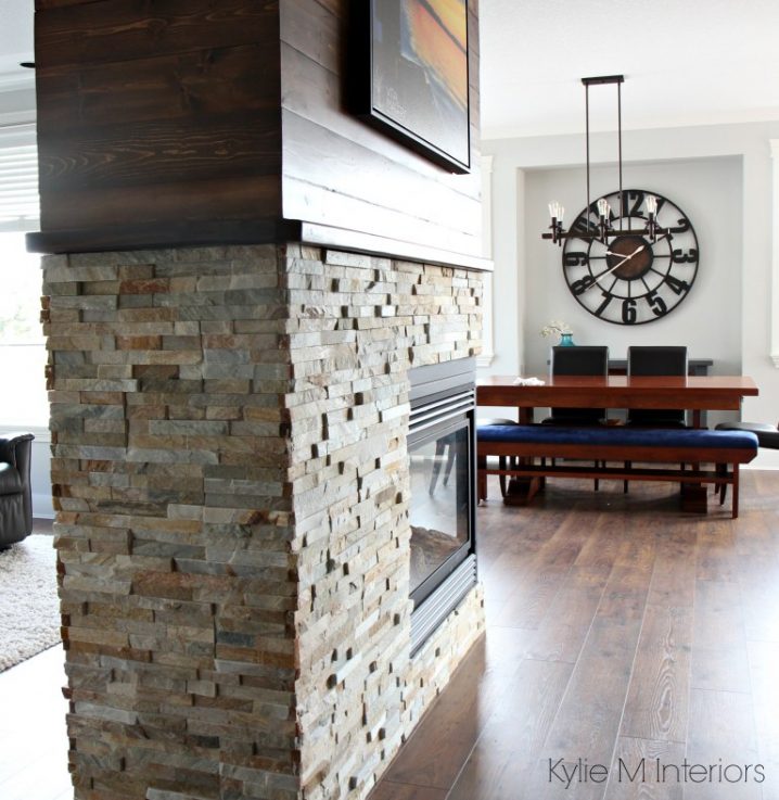 Stone-fireplace-wood-stain-shiplap-Benjamin-Moore-Gray-Owl-in-dining-room-with-large-rustic-clock-by-Kylie-M-Interiors-E-decor