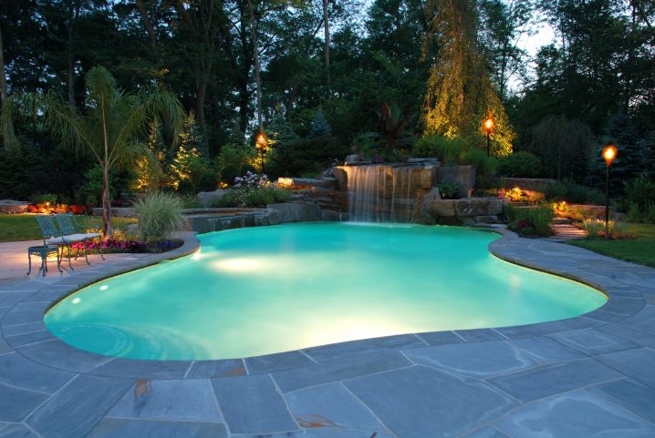 adorable-fiber-optic-lights-inground-swimming-pool-stone-deck-beautiful-waterfall-design-metal-outdoor-chair-fiberglass-tile-amazing-lighting-brick-walls-of-waterfalls-into-pools