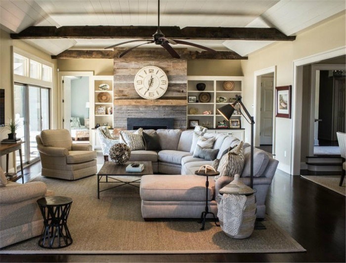 ideas-for-how-to-decorate-with-a-large-or-small-clock.-Shown-on-rustic-wood-fireplace-in-living-room-with-rustic-decor
