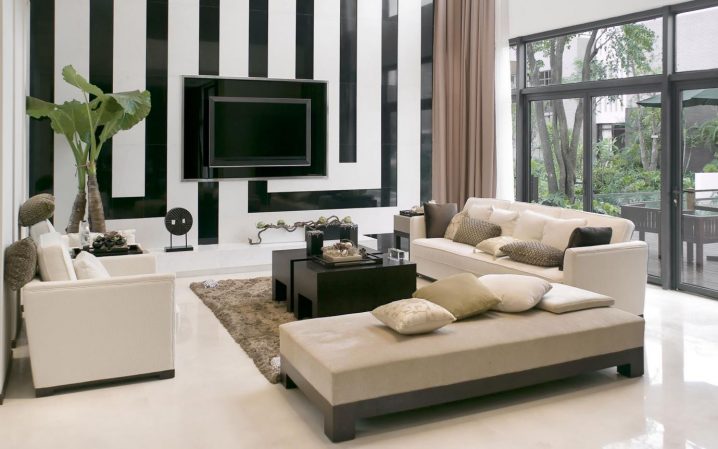 charming-black-and-white-striped-pattern-wallpaper-for-wall-behind-tv-wall-mount-also-plants-corner-plus-brown-curtain-and-sofa-set