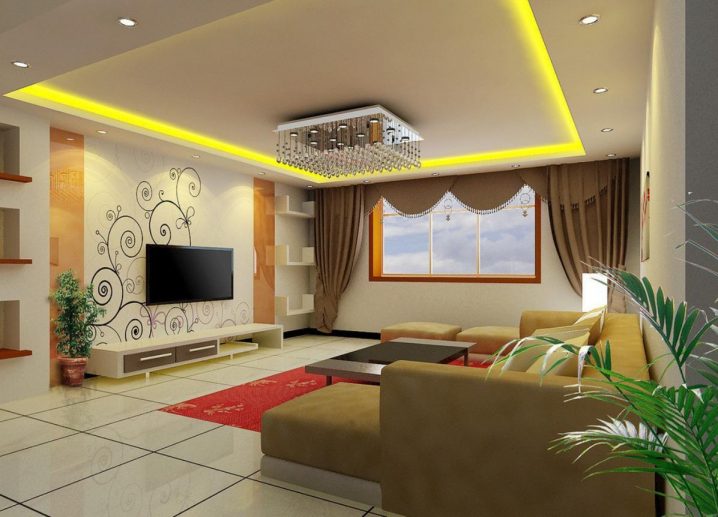 charming-floral-wallpaper-for-walls-behind-tv-wall-mounted-also-yellow-LED-lighting-ceiling-plus-red-carpet-under-table-and-brown-sofa