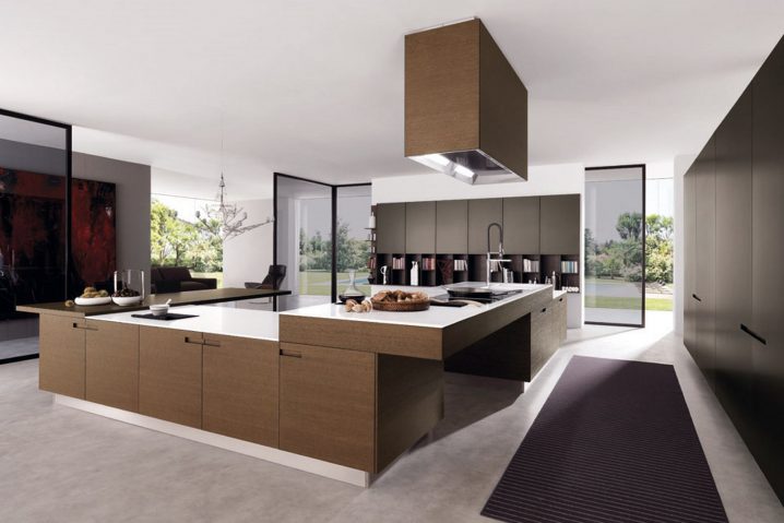 modern-kitchen-ideas-with-wooden-kitchen-cabinets-kitchen-sink-faucet-white-granite-countertops-range-hood-area-rug
