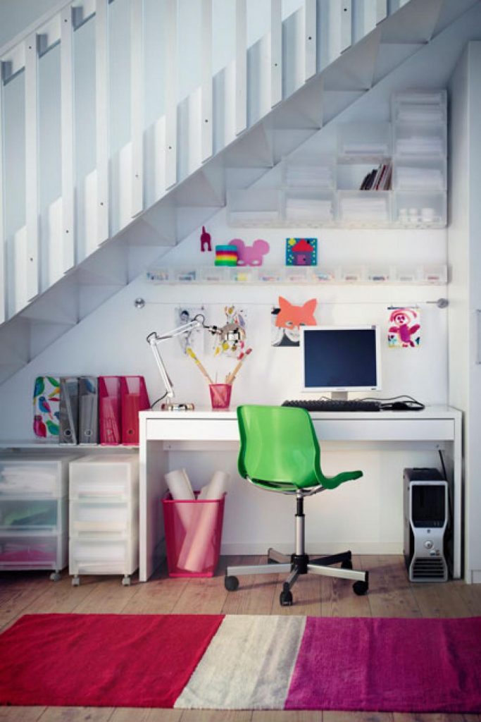fashionable-home-office-under-stairs-design-idea-with-white-wooden-computer-desk-plus-wooden-vanity-also-white-wooden-floating-shelf-then-beautiful-assorted-carpet