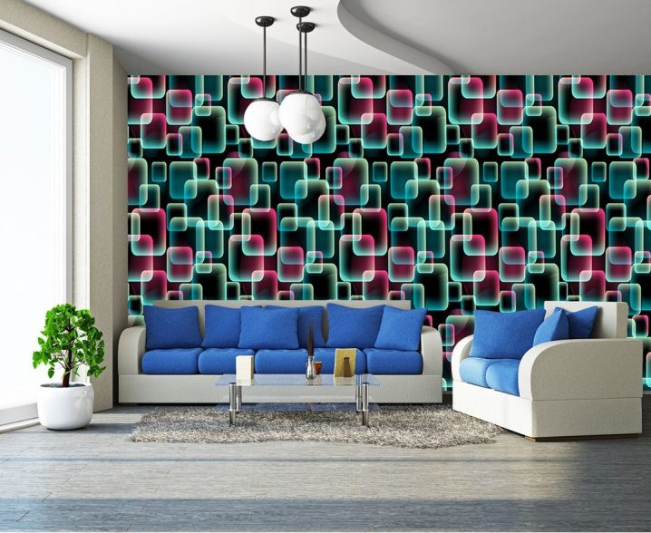 unique-living-room-with-colorful-rectangles-mural-wallpaper-designs-combined-with-black-background-and-white-sofa-blue-pillow-near-a-large-window