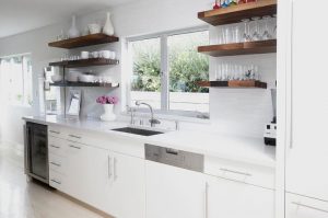 White Kitchen Wood Floating Shelves Glossy White Backsplash Tiles 300x199 