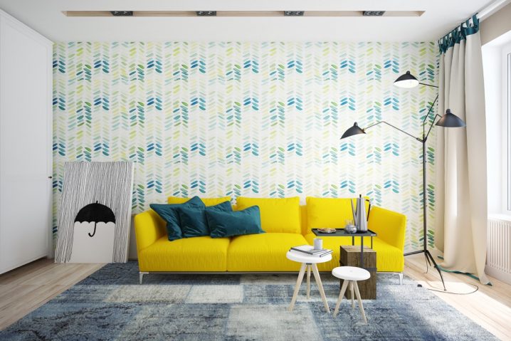 blue-and-yellow-living-room-with-pattern-wall-decor-and-floor-lamp-with-three-light-also-yellow-sofa-and-laminate-floors
