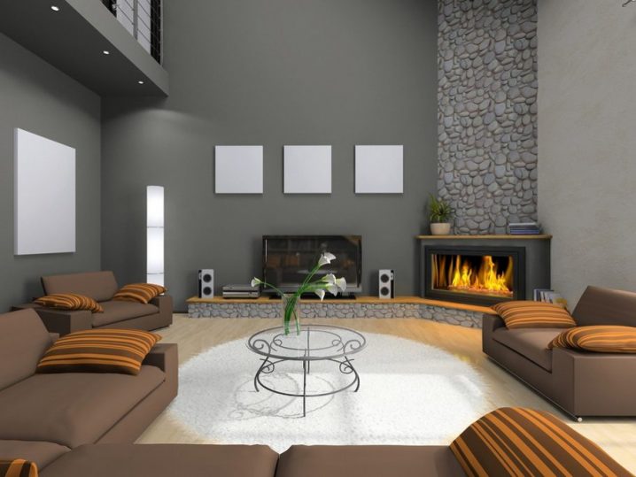 decorative-round-glass-table-with-brown-living-room-seating-set-in-front-of-grey-stoned-corner-fireplace-design-909x682