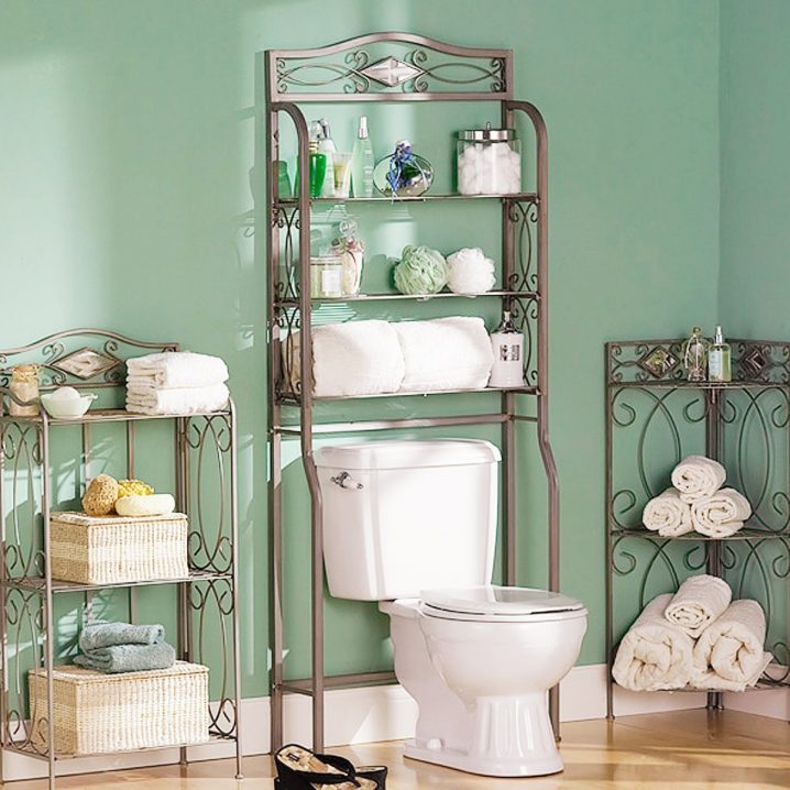 bathroom-with-wrought-iron-towel-and-utility-shelf-and-basket-storage-over-white-toilet-placed-on-brown-ceramic-tiled-floor-with-bathroom-closet-shelving-ideas-plus-towel-cabinets-storage