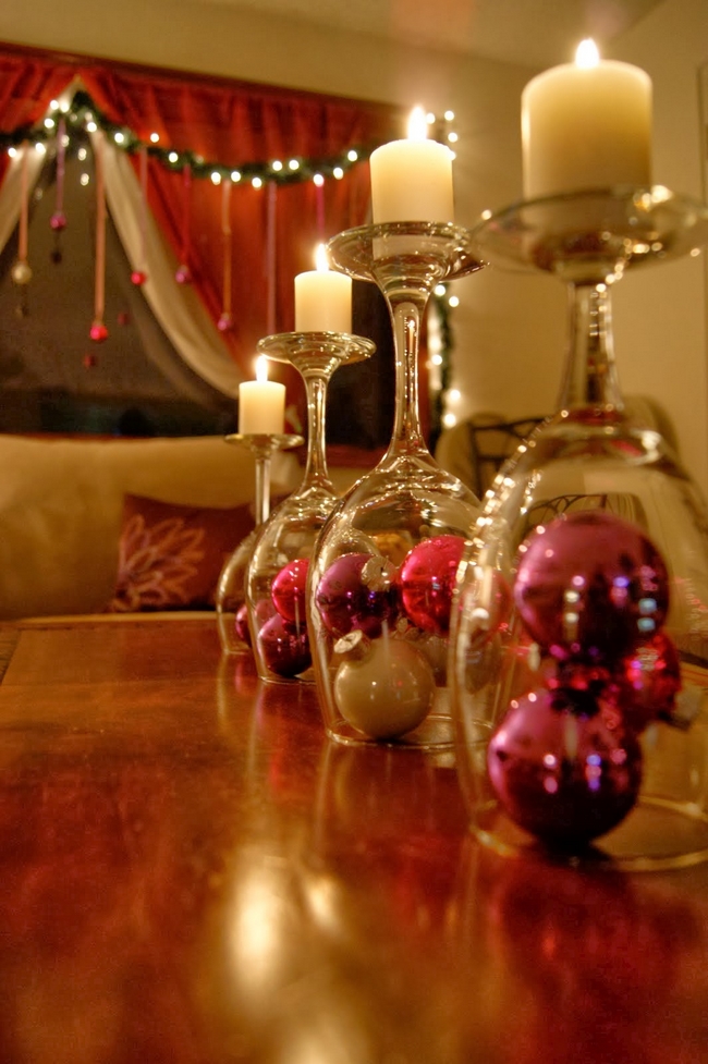 christmas-table-centerpiece-wine-glasses-candle-stand-pink-tree-ornaments