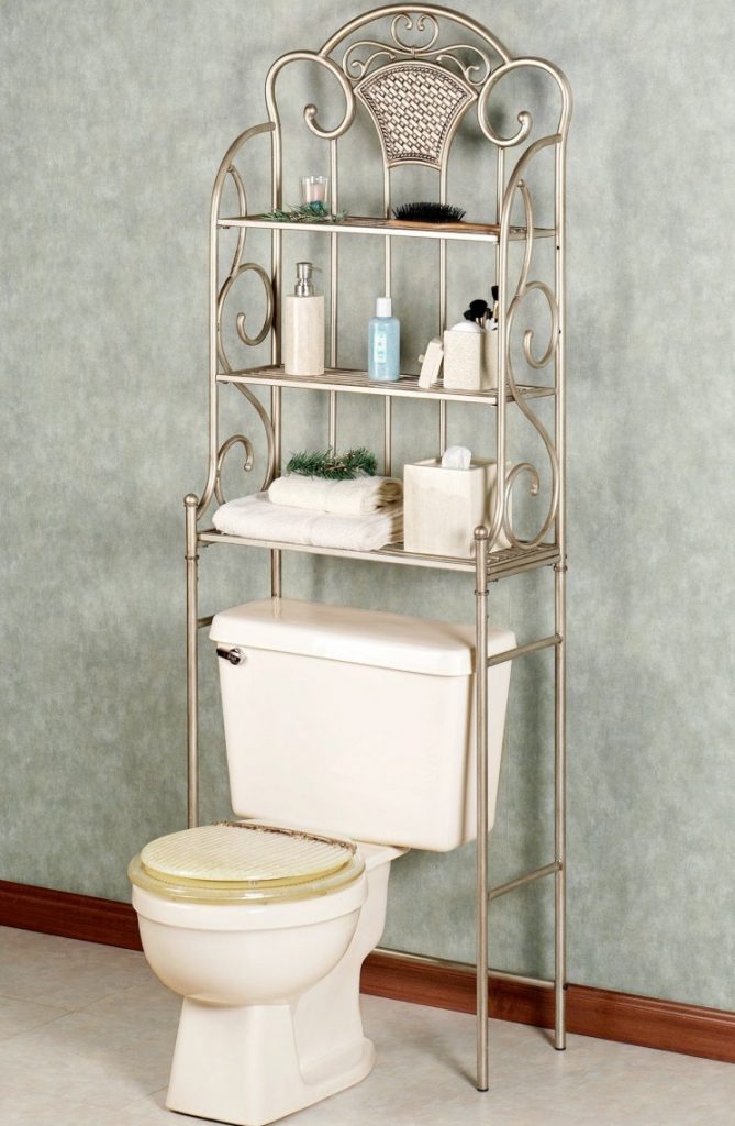 chrome-metal-bathroom-storage-over-ivory-ceramic-water-closet-having-three-tier-shelves-with-above-toilet-storage-white-plus-glass-shelf-above-toilet