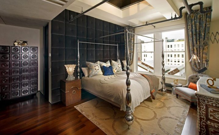 luxury-bedroom-with-industrial-loft-fair-and-upholstered-walls