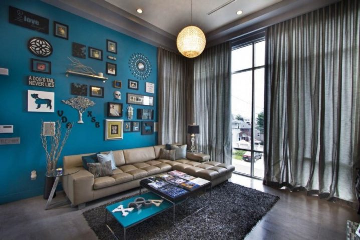aqua-blue-wall-color-with-grey-rug-for-modern-living-room-decorating-ideas-with-decorative-wall-pictures